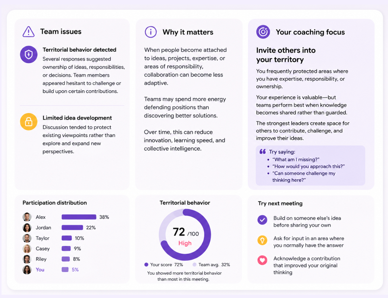 Example TeamTalks report: team issues, why they matter, coaching focus, participation distribution and three actions to try next meeting.